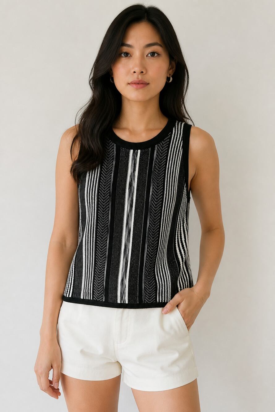 WHBM Women's Sleeveless Knit Top Black White Striped Zip Back XL